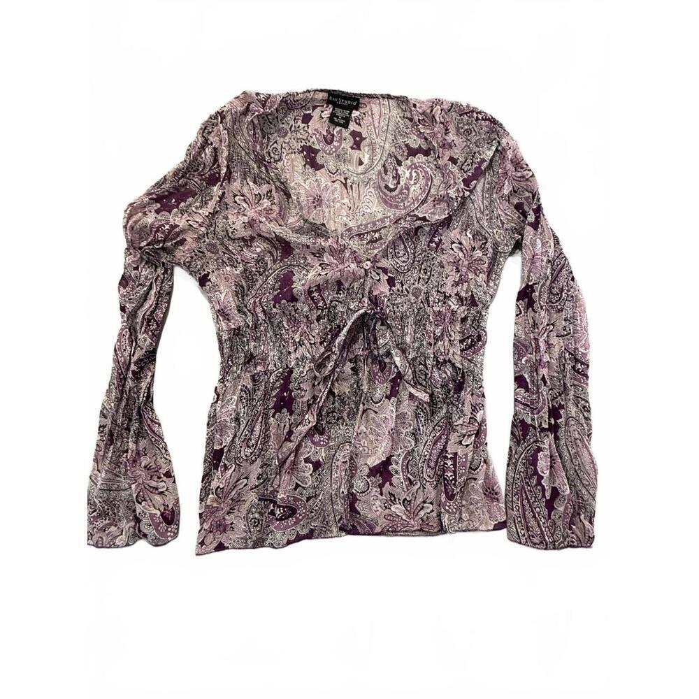 Bay Studio Shirt Womens Medium Purple Paisley Tie Front Smocked Ruched Blouse